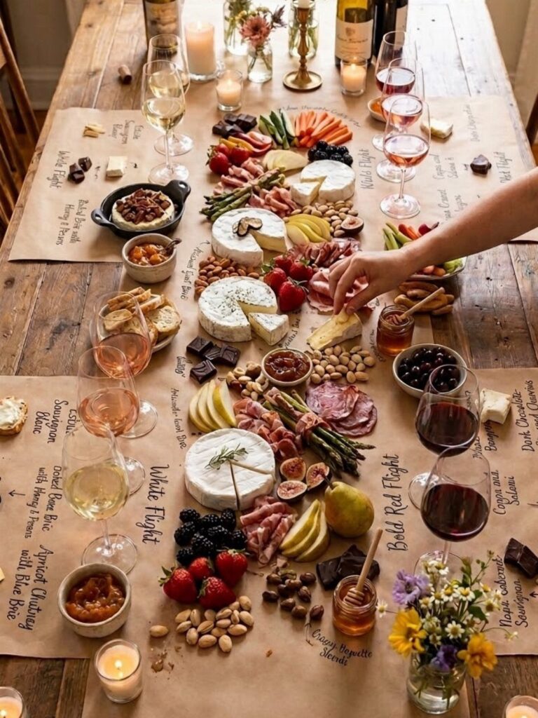 Cheese and charcuterie board spread across parchment paper with wine glasses and fruit.