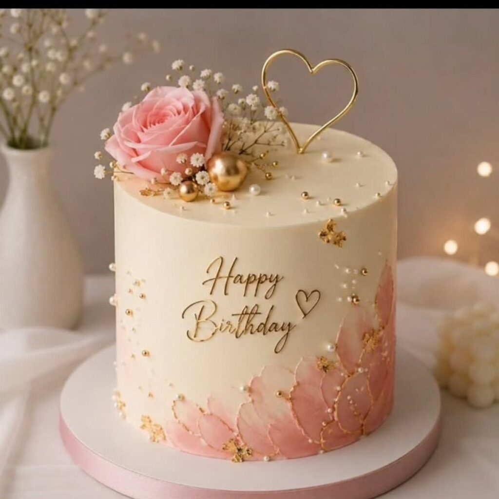 Cream birthday cake with pink rose, gold heart topper, and gold lettering