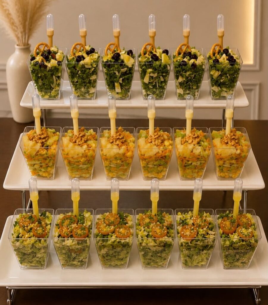 Assorted green and yellow salads served in individual clear plastic cups on tiered platters.
