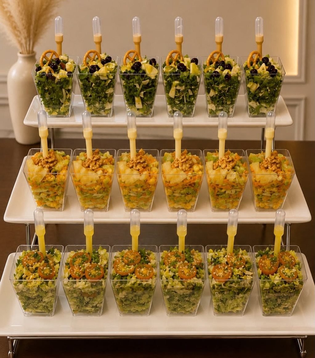 Assorted green and yellow salads served in individual clear plastic cups on tiered platters.