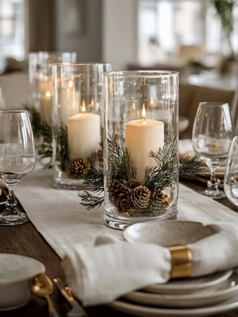 Christmas dinner table setting with white candles in glass cylinders and pine greenery.