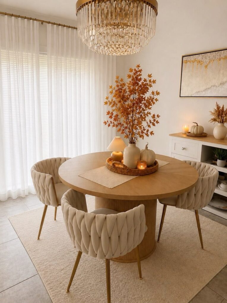Round wooden dining table decorated with autumn leaves, pumpkins, and candles under a chandelier.