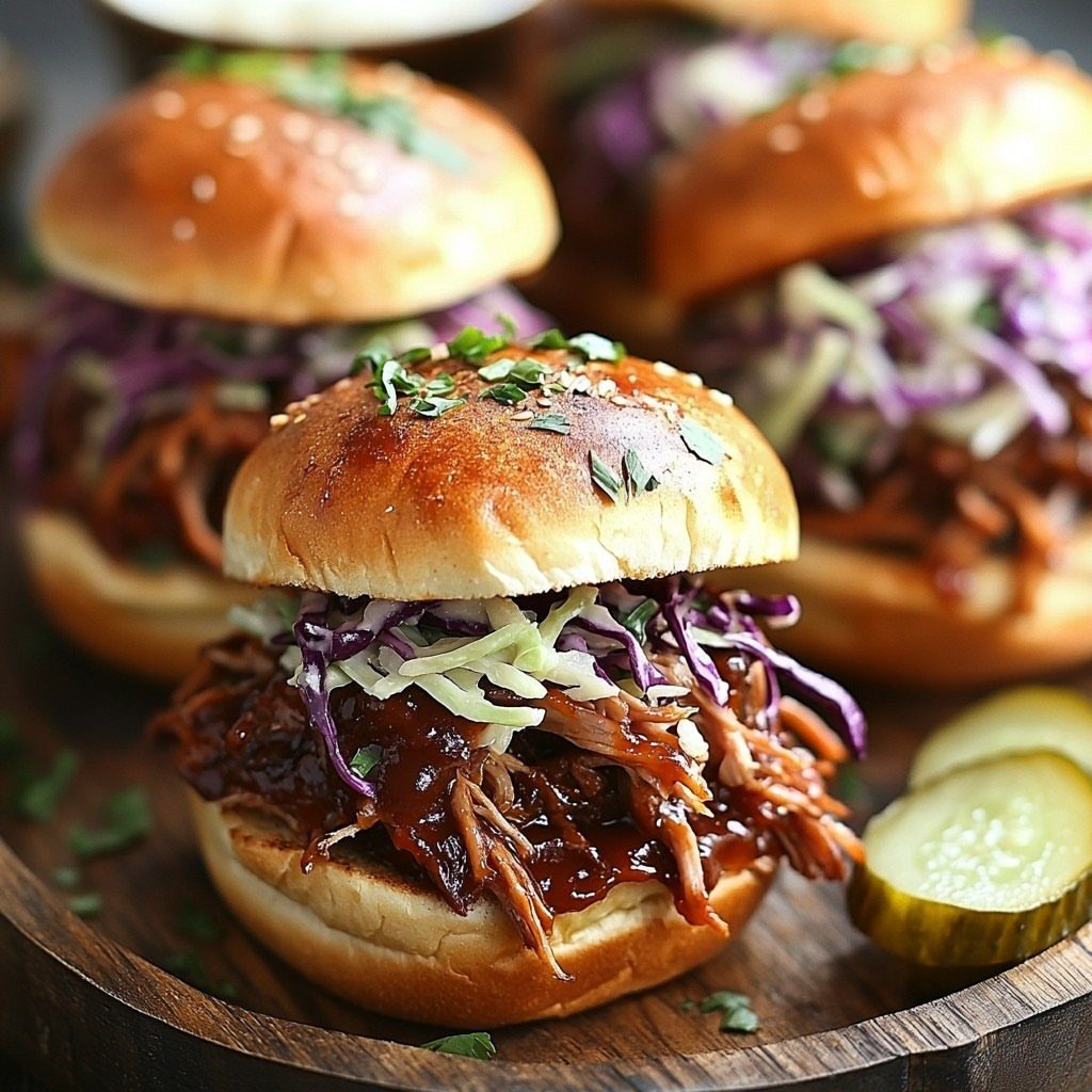 Pulled pork sandwiches with coleslaw on brioche buns served on a wooden platter.