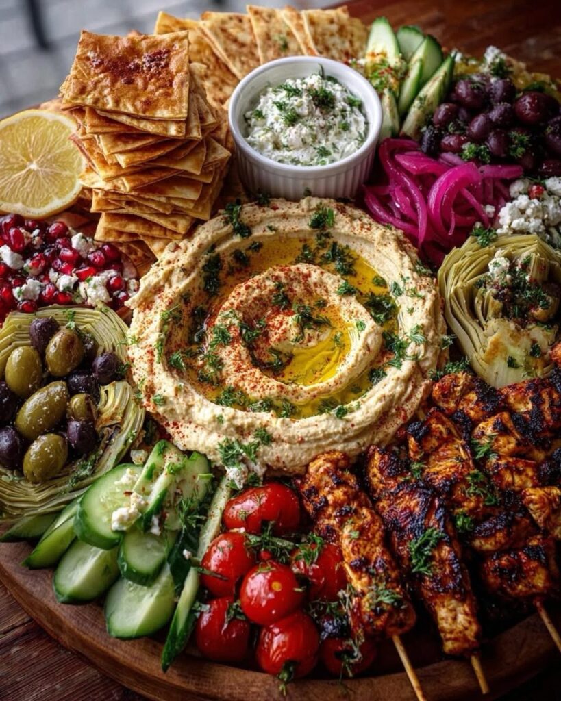 Mediterranean appetizer platter with hummus, grilled chicken skewers, pita chips, and fresh vegetables.