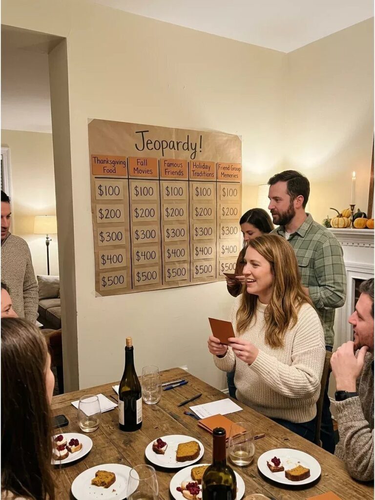 Adults playing a handmade Jeopardy game around a dinner table with food and wine