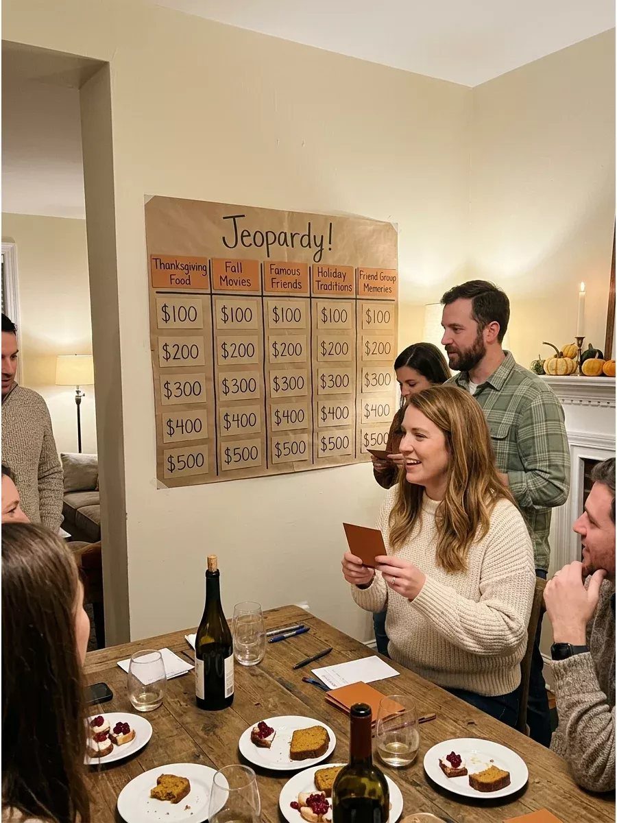 Adults playing a handmade Jeopardy game around a dinner table with food and wine