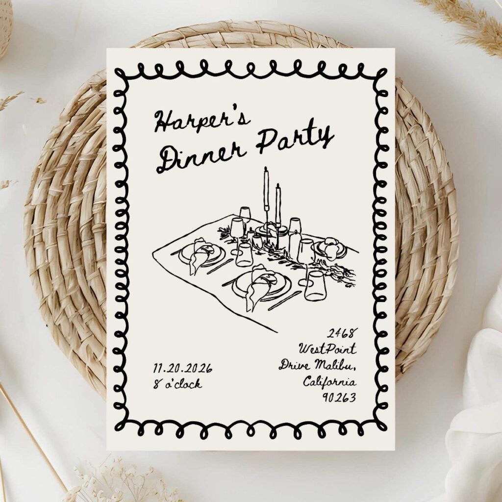 Dinner party invitation card with a table illustration resting on a woven mat.