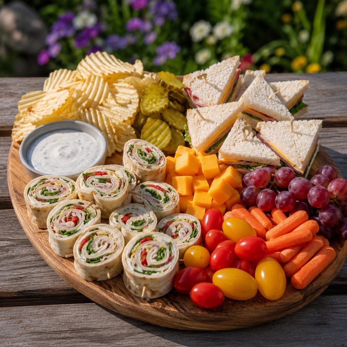 Mini sandwiches and wrap pinwheels on a wooden platter with fresh vegetables and fruit.