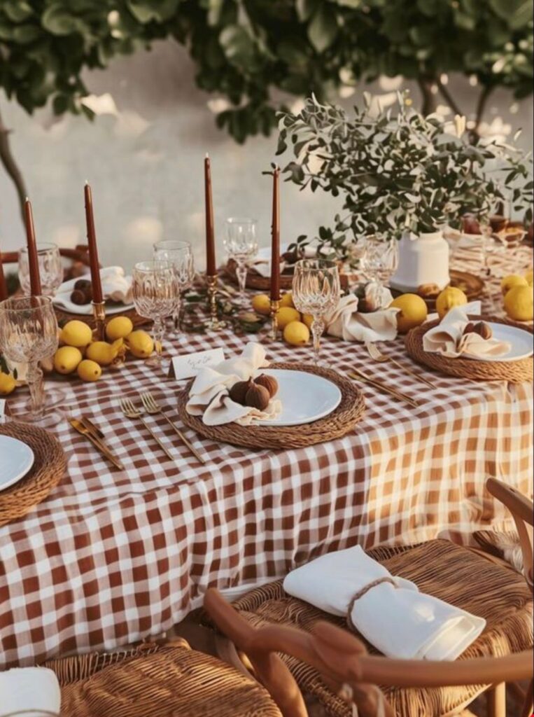 Rustic table setting with brown gingham tablecloth, woven chargers, and fresh lemons.