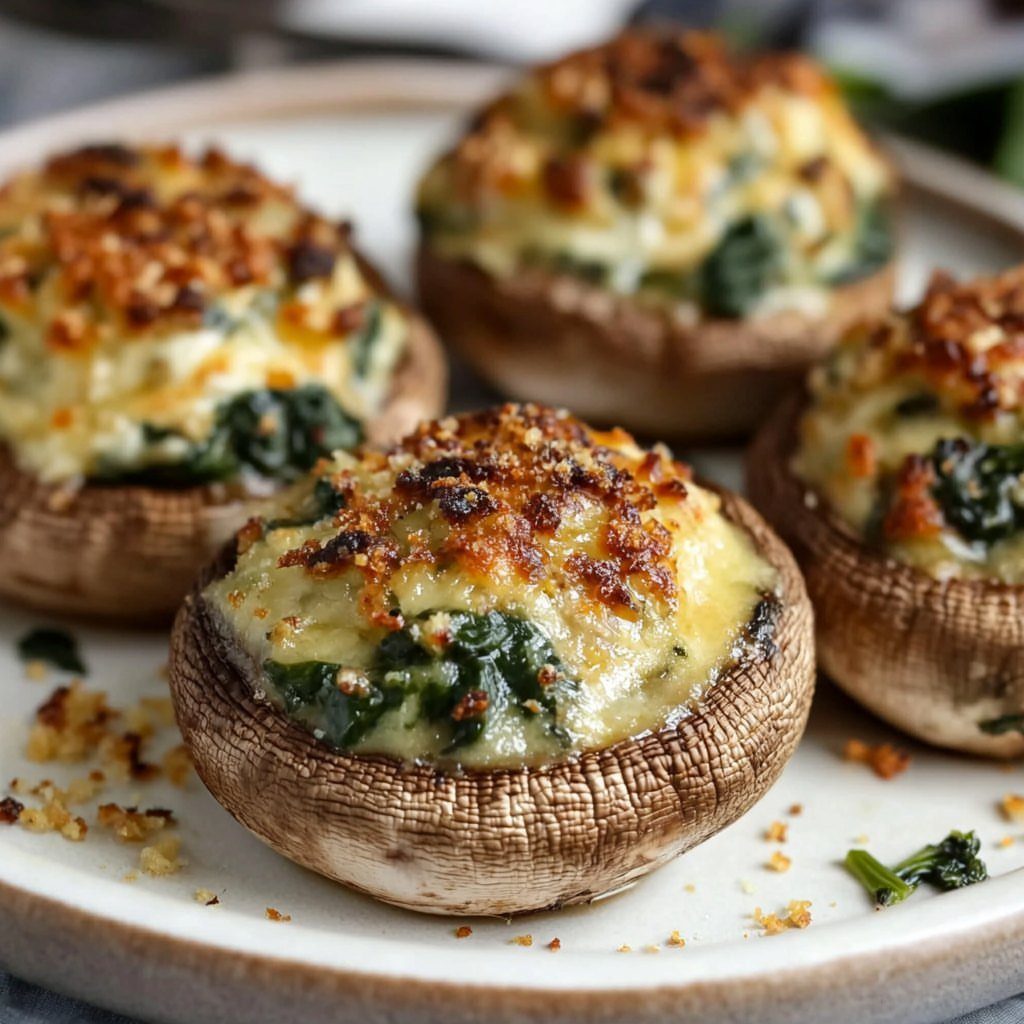 Stuffed mushrooms filled with spinach and cheese topped with toasted breadcrumbs on a plate