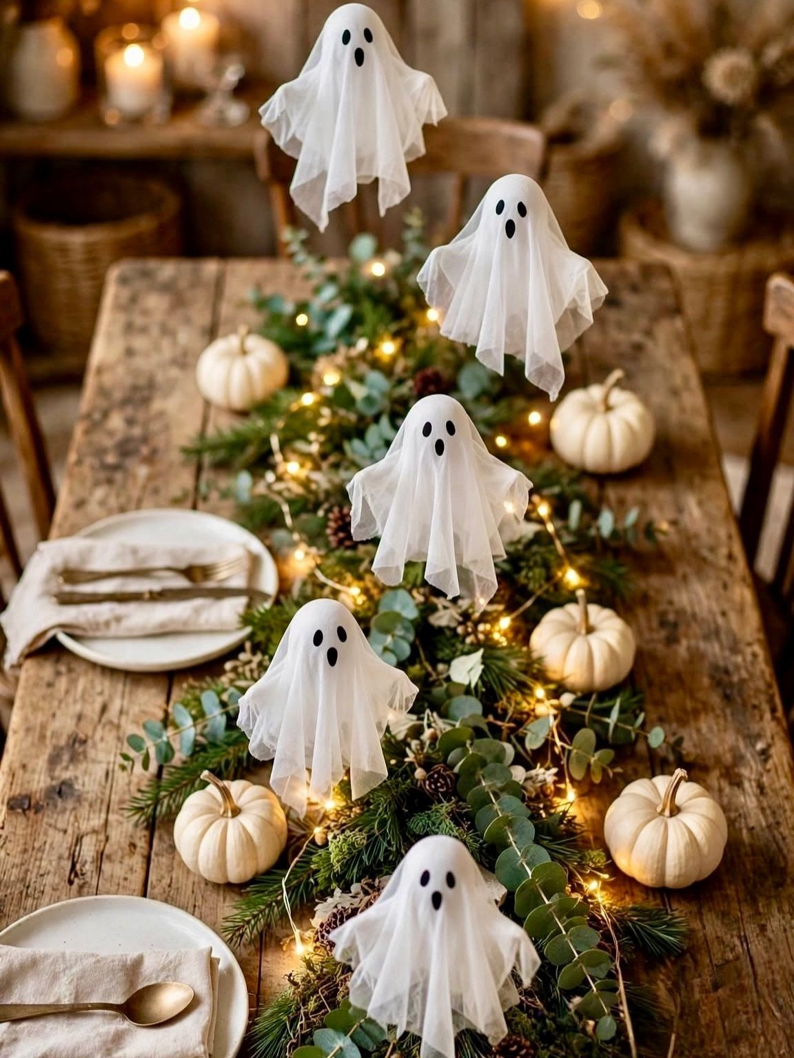 Halloween table setting with floating ghosts, white pumpkins, and fairy lights on greenery.