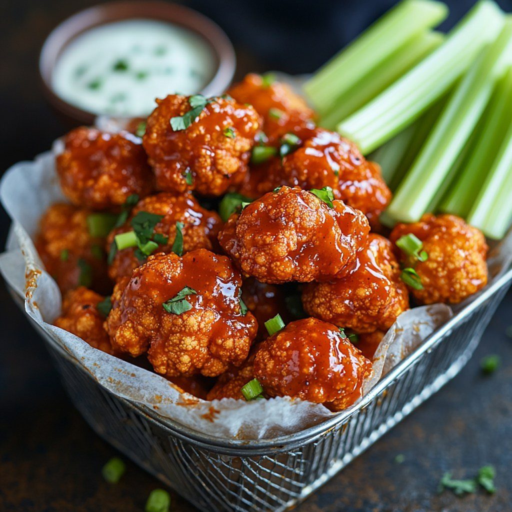 Buffalo cauliflower bites in a metal basket with celery sticks and dipping sauce.