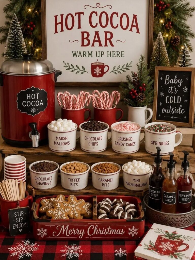 Hot cocoa bar with red dispenser, topping bowls, cookies, and festive Christmas decorations.