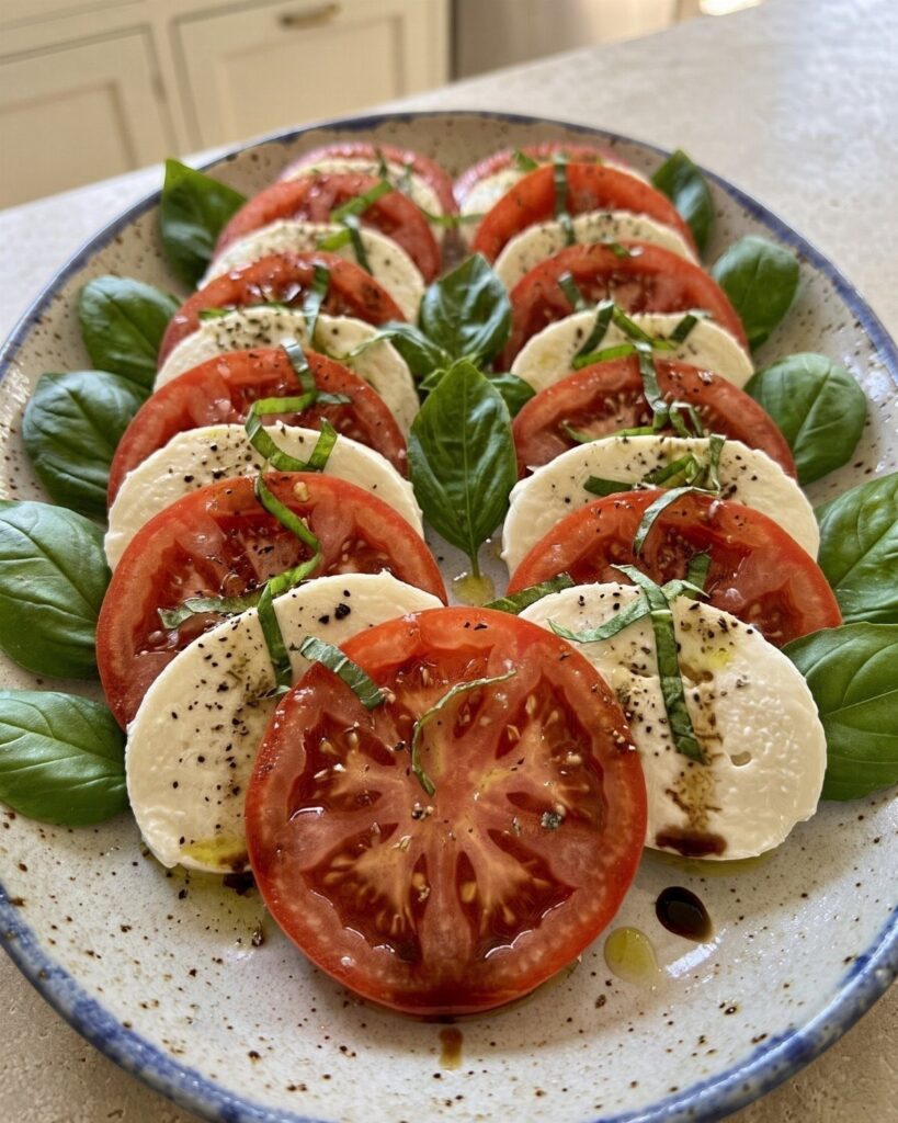 Caprese salad with sliced tomatoes, mozzarella, and fresh basil on a speckled plate.
