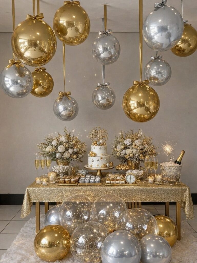 Festive table with gold sequin cloth, white cake, and metallic balloons.
