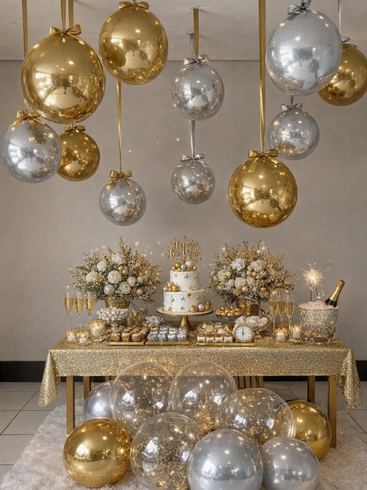 Festive table with gold sequin cloth, white cake, and metallic balloons.