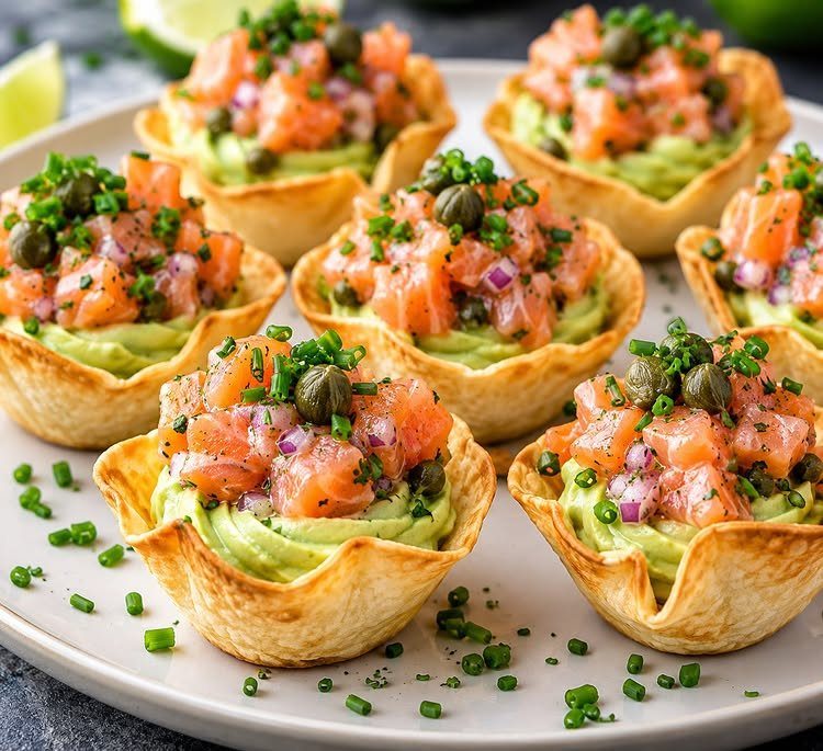 Salmon and avocado tartlets in tortilla cups garnished with capers and chives.
