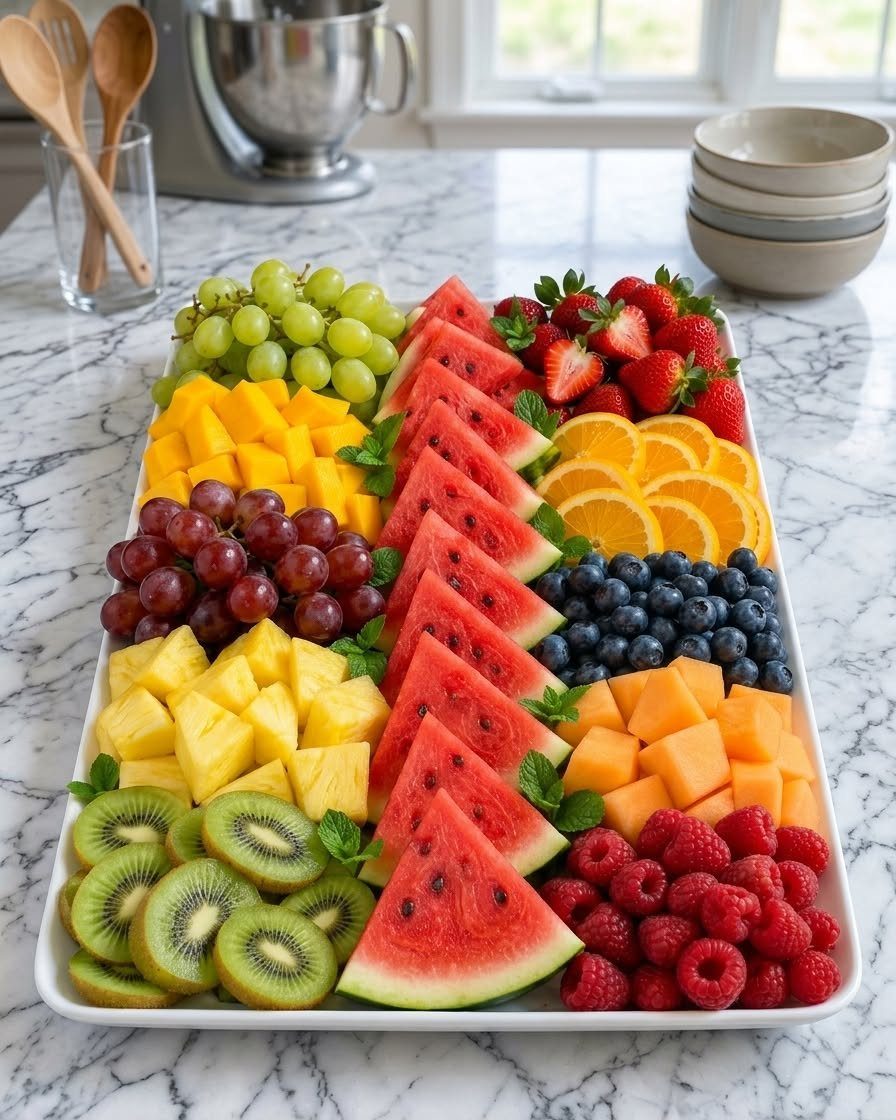 Fruit platter with watermelon, berries, and tropical fruits on a marble surface