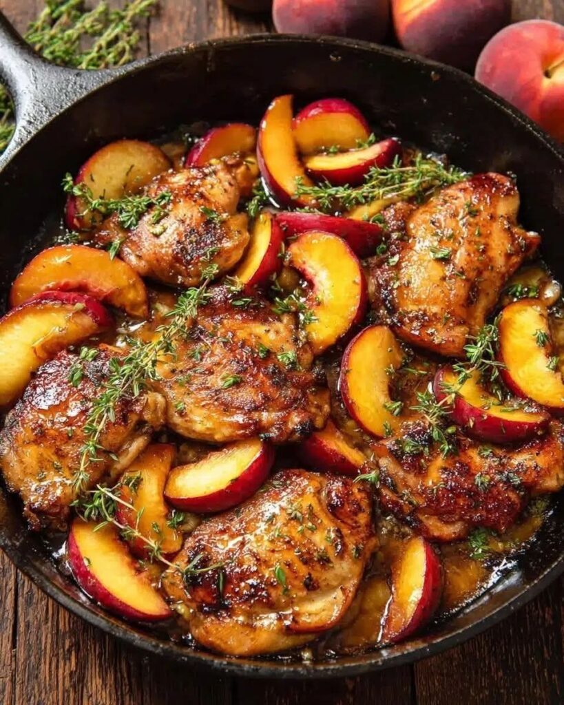 Seared chicken thighs and sliced peaches with thyme in a cast iron skillet