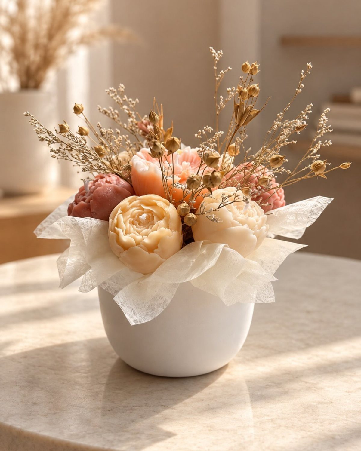 Floral arrangement of wax roses and dried sprigs in a white ceramic bowl.
