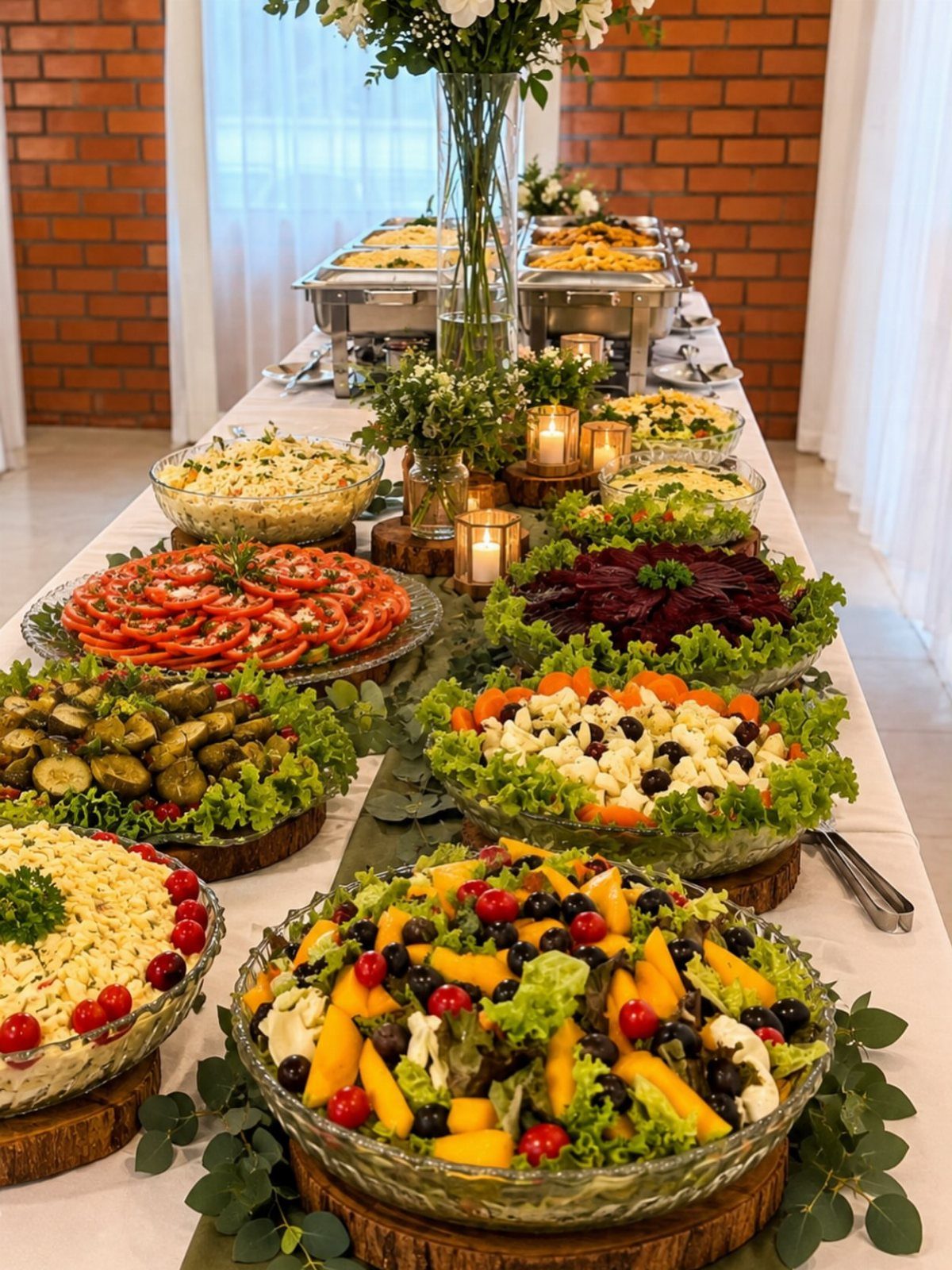 Buffet table featuring various colorful salads in glass bowls and warm chafing dishes.