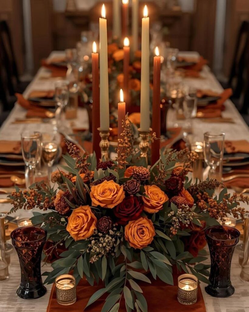 Elegant Thanksgiving table setting with orange roses, lit taper candles, and fine glassware.