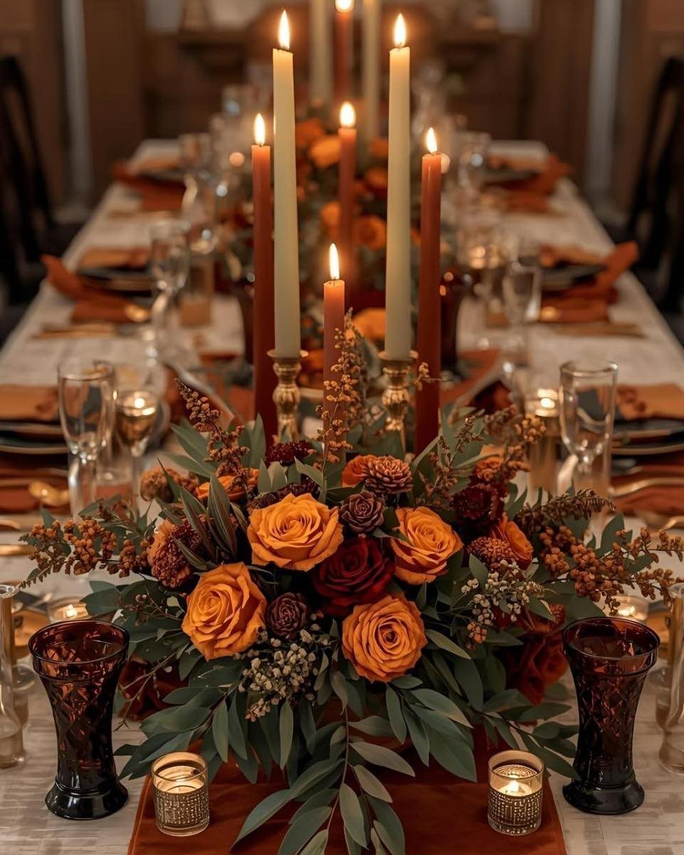 Elegant Thanksgiving table setting with orange roses, lit taper candles, and fine glassware.