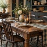 Rustic wood dining table set with white plates, floral centerpiece, and lit candles.