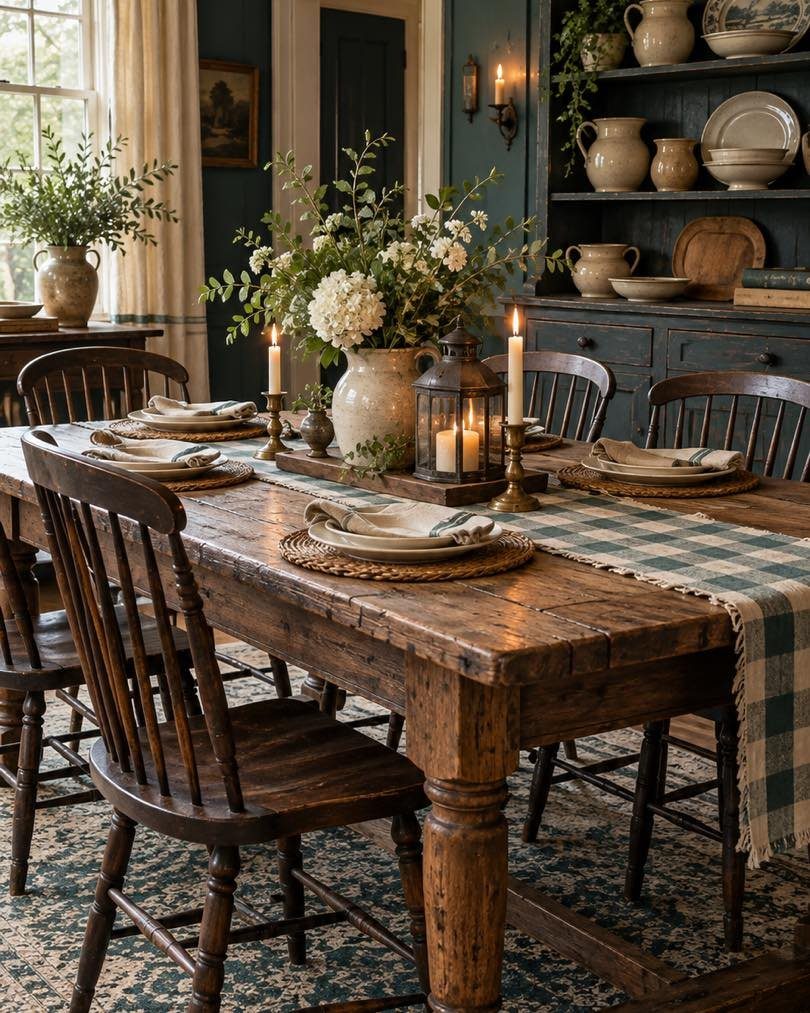 Rustic wood dining table set with white plates, floral centerpiece, and lit candles.